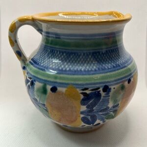 Vintage Pitcher Mexican Handcrafted Ceramic Floral Blue Green Handle Signed